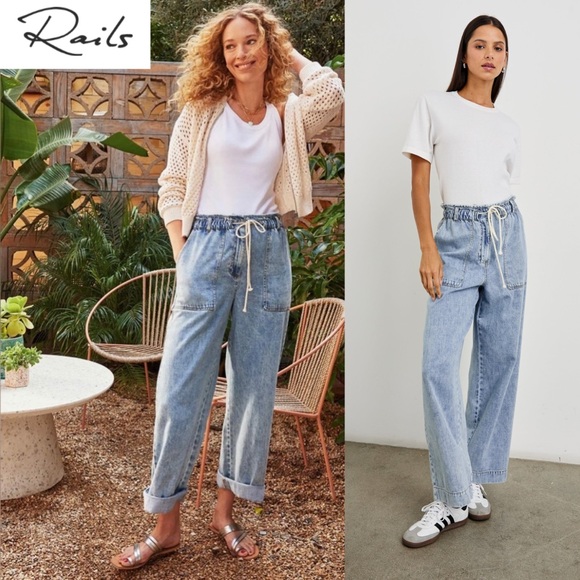 Rails Ryan Pants Faded Indigo Jeans Drawstring Waist Cargo Loose Relaxed Fit L